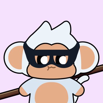 A cute cartoon illustration of a white mouse-like character wearing a black domino mask and carrying a brown stick, set against a light purple background.
