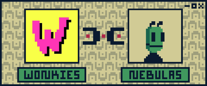 A pixel art style graphic showing a 'W' character in a yellow box labeled 'WONKIES' on the left and a green robot character in a beige box labeled 'NEBULAS' on the right, with a score of '2 - 0' between them.
