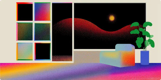 A vibrant digital artwork featuring a pixelated room with rainbow-bordered windows, a sunset landscape painting, a multicolored chair, and a potted plant, illustrating the diverse and colorful nature of digital art collections mentioned in the post. The image visually represents the unified aesthetic that Raster aims to bring to the fragmented world of NFTs across multiple blockchains like Ethereum, Solana, and Tezos.