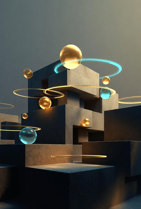 An abstract 3D rendering featuring dark geometric blocks with glowing golden and cyan spheres and rings floating around them.
