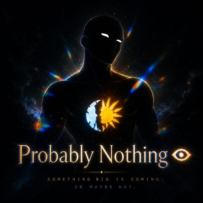 Dark fantasy illustration of a silhouette figure with glowing eyes and a chest emblem reading 'Probably Nothing 👁 — Something Big Is Coming. Or Maybe Not.'