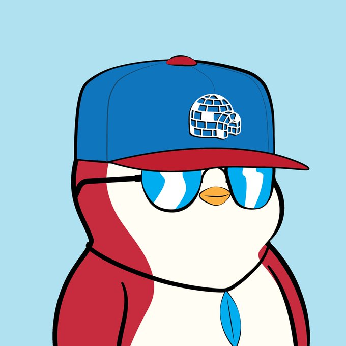 A cartoon illustration features a penguin wearing a blue and red baseball cap with a globe logo, along with blue sunglasses.