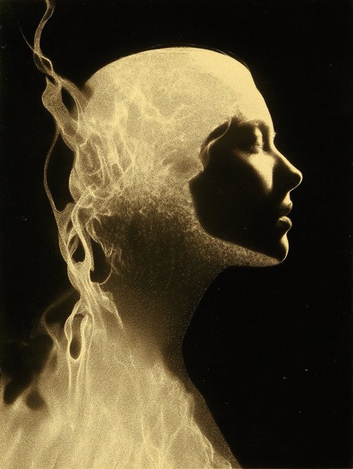 An artistic, sepia-toned double exposure or composite image showing a silhouette of a human profile overlaid with flowing, smoke-like patterns.