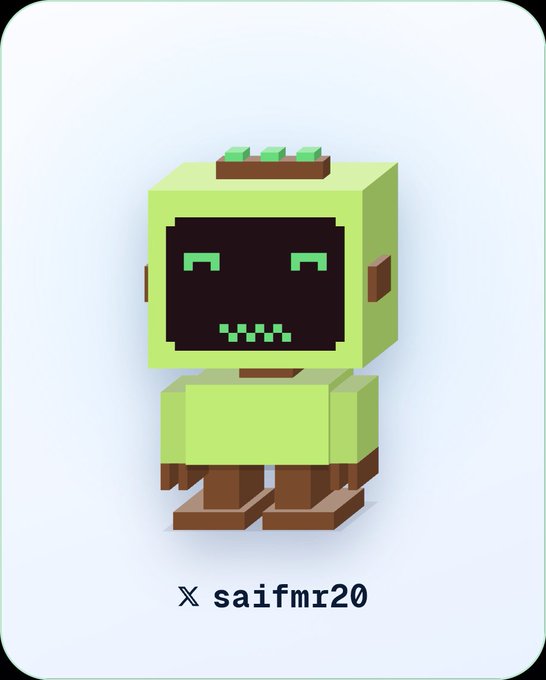 A digital avatar or sticker of a small, green pixel-art robot character with brown feet stands against a light background, with the username 'saifmr20' displayed below.