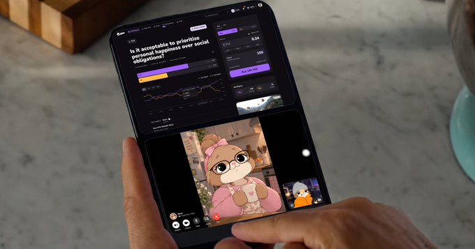 A person holds an iPad displaying split-screen multitasking with a webpage asking "Is it acceptable to prioritize personal happiness over social obligations?" and polling data in the top window, while a TikTok video of a cartoon character plays in the bottom window. The image showcases Apple's innovative multitasking capabilities being praised in the accompanying post.
