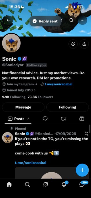 A screenshot of the Twitter/X mobile app shows the profile of "Sonic" (@Sonicdyor), featuring a bio stating "Not financial advice. Just my market views. Do your own research. DM for promotions." with 9.9K Following and 73.8K Followers, and a pinned post about a Telegram channel.