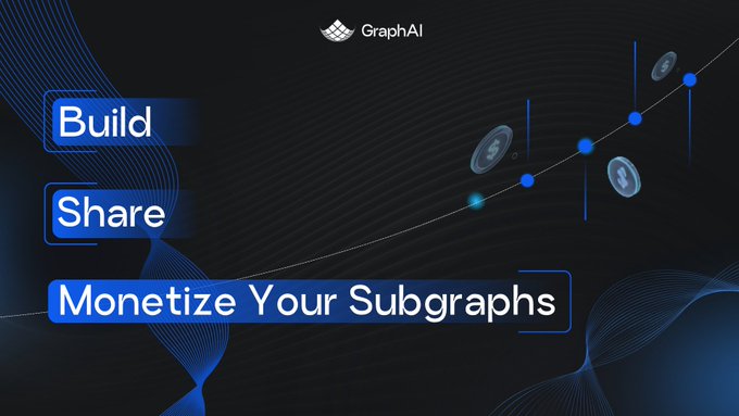 A promotional graphic for GraphAI featuring the text 'Build', 'Share', and 'Monetize Your Subgraphs' alongside illustrations of connected graph nodes and coins on a dark background.