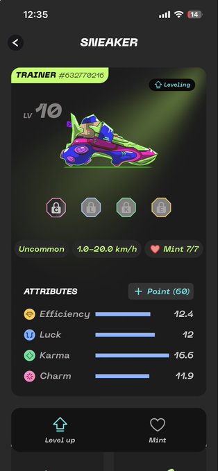The image shows a phone screen with an app called Sneakerer displayed, which has a purple shoe as its main focus. The app also provides information about the shoe's attributes such as efficiency, luck, and charm. There are several options available for users to choose from within the app.