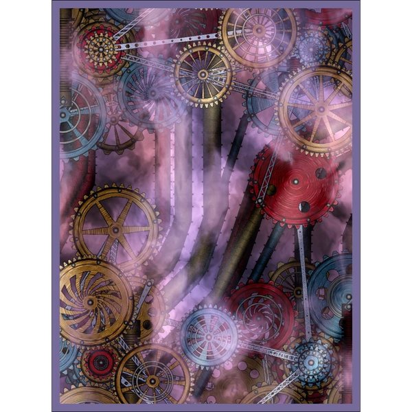 An abstract digital artwork featuring an intricate composition of colorful gears, wheels, and clockwork mechanisms in purple, gold, and blue tones with diagonal shadow patterns.