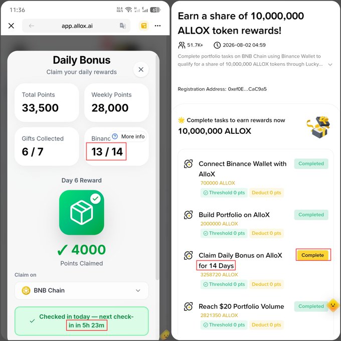The image shows two screenshots from the AlloX app displaying a Daily Bonus check-in (13/14 completed) and a Binance Booster task list for earning 10,000,000 ALLOX tokens, highlighting the "Claim Daily Bonus on AlloX for 14 Days" task with a yellow "Complete" indicator. This visually reinforces the post's reminder to complete and verify the 14-day check-in task before the deadline, emphasizing the urgency of Day 14 verification on July 15.