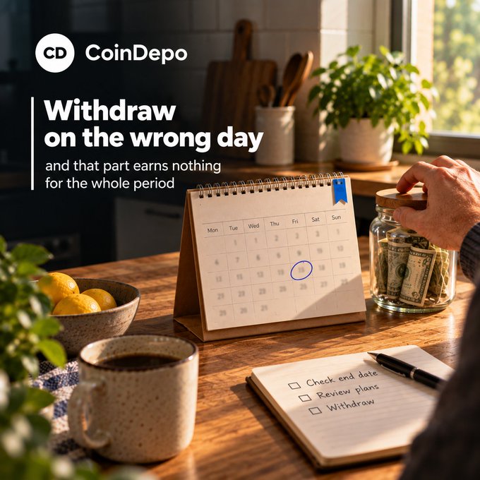 A CoinDepo advertisement warns 'Withdraw on the wrong day and that part earns nothing for the whole period,' showing a calendar, checklist, and jar of money on a kitchen counter.