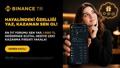 The image is a Binance TR promotional ad featuring a thoughtful woman using a phone with a candle nearby, alongside Turkish text announcing a giveaway of "1.000 TL" digital gift voucher for the most creative comment suggesting a new feature for the Binance TR app, with a yellow "HEMEN KATIL" (Join Now) call-to-action button.