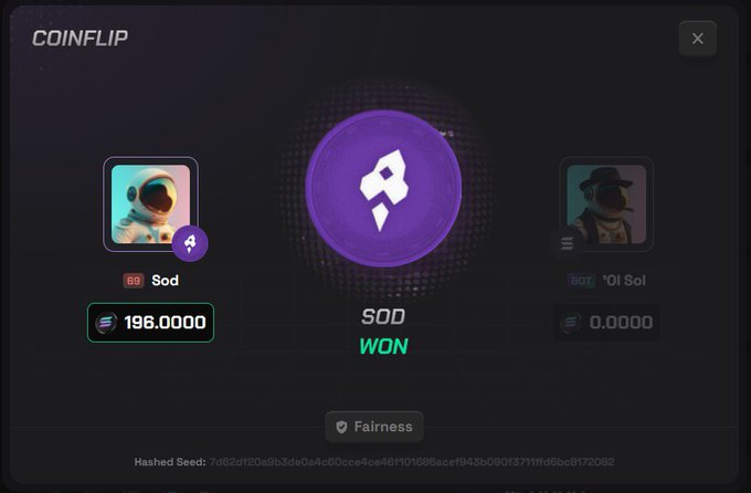A coinflip gambling interface showing 'SOD WON' with a bet of 196.0000 SOL, displaying avatars for 'Sod' and '*OI Sol' with a hashed seed at the bottom.