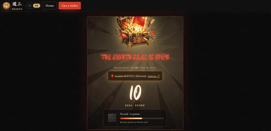A promotional screen for the $KENZO token showing "THE EIGHTH SEAL IS OPEN" with opener No. 366 and a Seal Score of 10, displaying that 10,000 $KENZO has been delivered — highlighting the ongoing seal-opening game on the Kenzo website where users can earn free tokens.