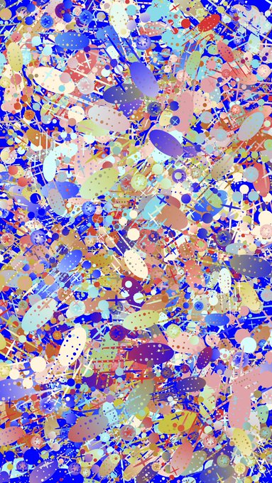 A vibrant abstract artwork with a colorful, chaotic composition of splatters, shapes, and patterns in blue, purple, pink, green, and earth tones.