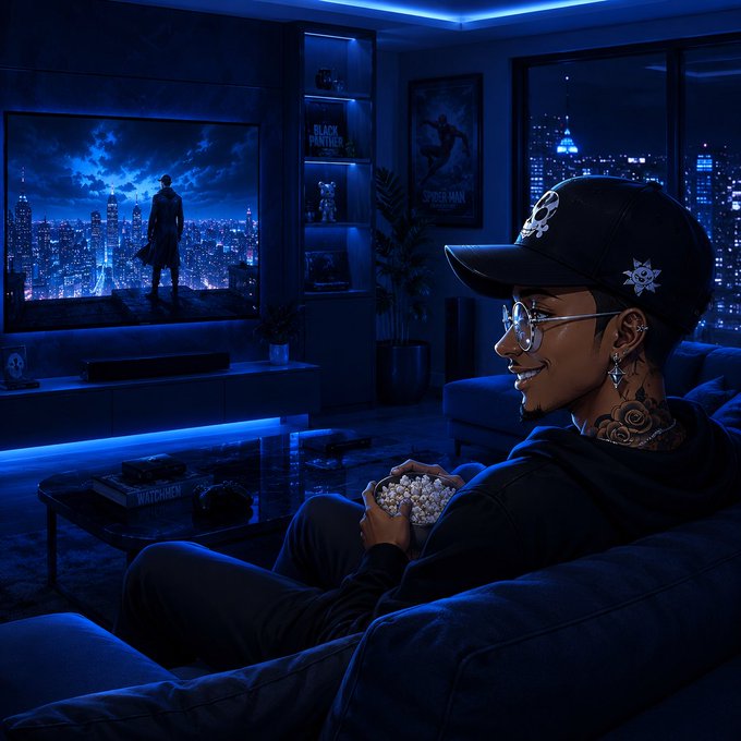 The image features a person sitting comfortably on a couch with their feet up while playing video games, likely using a Nintendo Wii controller. The room has blue lighting that creates a cozy atmosphere for gaming sessions. In front of them, there are two bowls filled with popcorn and a book nearby, suggesting they might be enjoying some snacks and reading during breaks in the game. The image also includes a caption about a post on social media, which seems to be related to the video games being played by the person sitting on the couch.