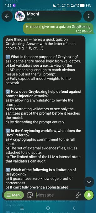 A Telegram chat with 'Mochi bot' explaining the concept of 'Greyboxing' through a multiple-choice quiz about LLM security, including questions about its core purpose and prompt-injection defense.