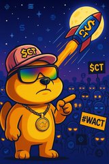 A cartoon illustration of an orange cat character wearing sunglasses and a cap, surrounded by cryptocurrency logos (Bitcoin, etc.) with text 'SCT' and the hashtag '#WACT'.