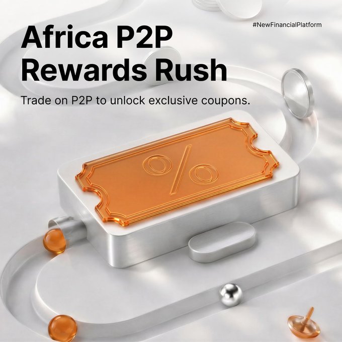 The image features a silver ticket with an orange percentage symbol on it placed on top of a white surface. The text above the ticket reads "Africa P2P Rewards Rush", which suggests that there might be some sort of reward system or promotion related to Africa and P2P trading. The ticket is surrounded by various objects, including balls and a pin, possibly representing different rewards or achievements within the program.