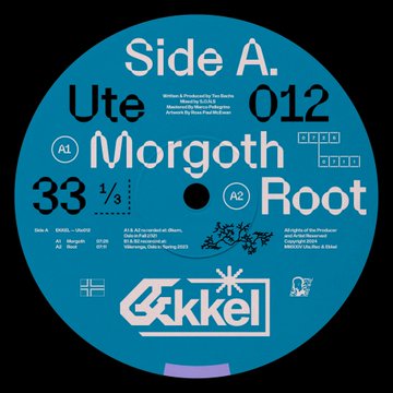 A vinyl record label design in blue and teal titled 'Ute Morgoth Root 012' on the Ekkel label, marked Side A, 33 1/3 RPM.