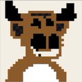 A pixel art image of a brown creature resembling a cow or bull with horns and a pink underbelly.
