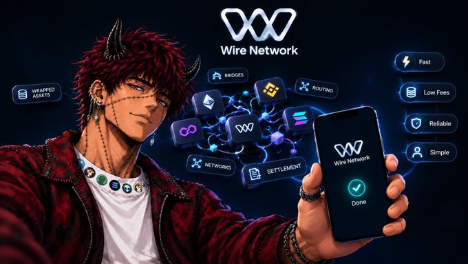 An anime-style character with red hair and horns holds a phone displaying the 'Wire Network' app, surrounded by feature icons including 'BRIDGES', 'ROUTING', and 'SETTLEMENT'.