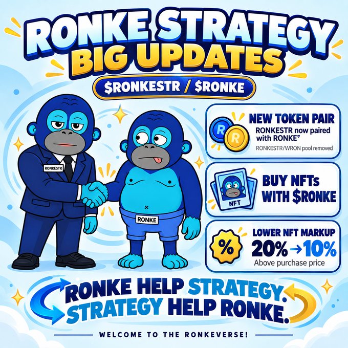 A promotional graphic titled "RONKE STRATEGY BIG UPDATES" featuring two cartoon gorillas in suits, announcing "NEW TOKEN PAIR RONKESTR now paired with RONKE", "BUY NFTs WITH $RONKE", and "LOWER NFT MARKUP 20% → 10% Above purchase price".