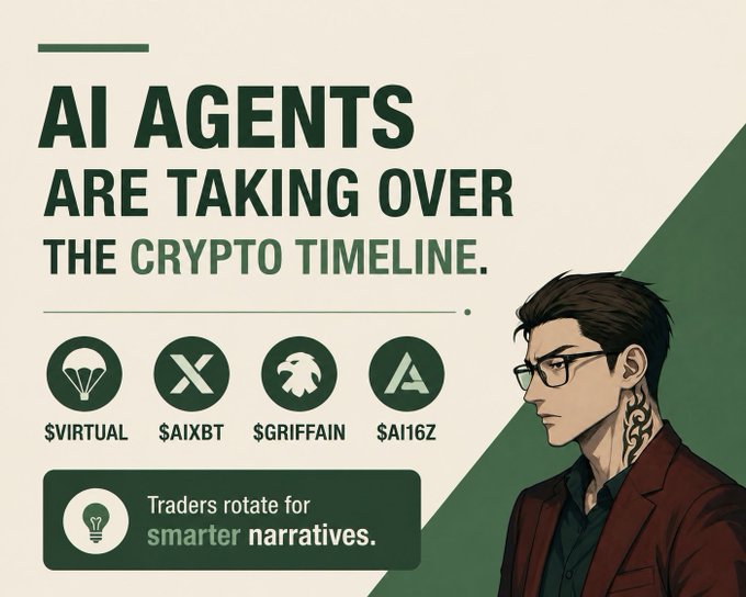 A promotional graphic stating 'AI AGENTS ARE TAKING OVER THE CRYPTO TIMELINE' with logos and tickers for $VIRTUAL, $AIXBT, $GRIFFAIN, and $AI16Z, alongside an illustrated man with glasses and a tattooed neck.