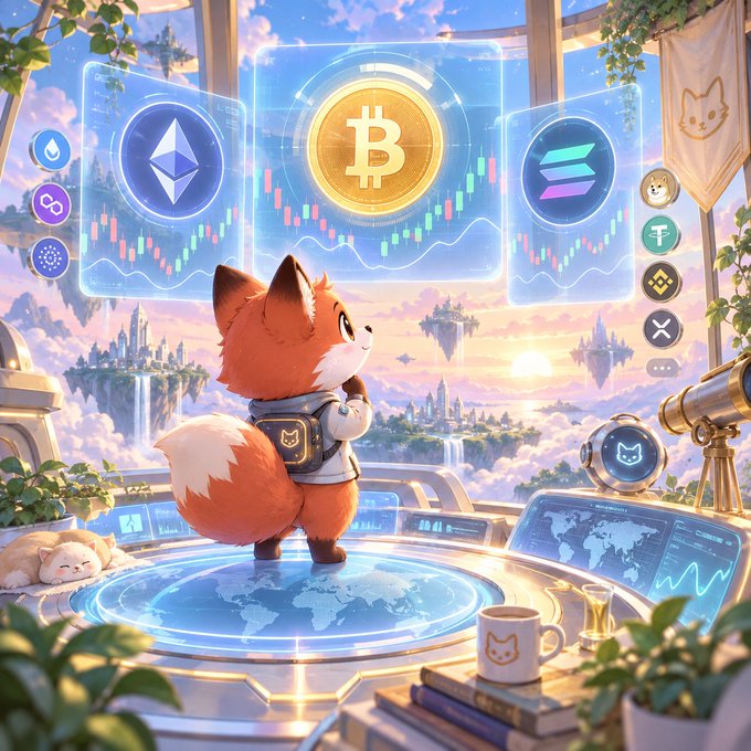An anime-style illustration of a fox character wearing a backpack standing on a holographic globe, gazing at floating holographic screens displaying Bitcoin, Ethereum, and Solana logos along with trading charts.