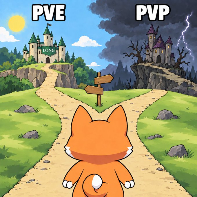 A cartoon fox stands at a fork in a path under a signpost; the left path leads to a sunny green castle labeled 'PVE', while the right path leads to a dark, stormy castle labeled 'PVP'.