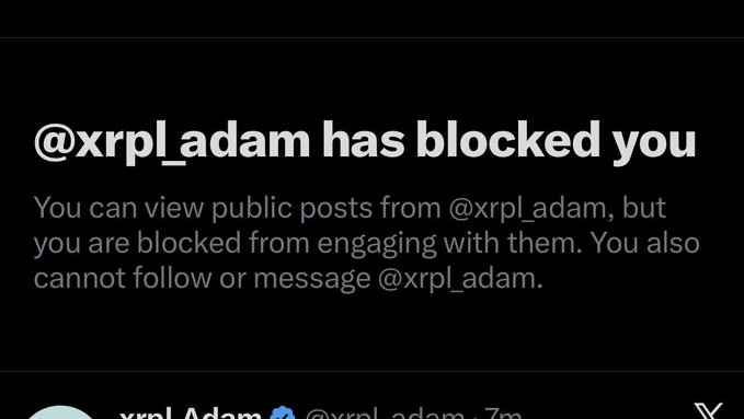 A Twitter/X notification stating '@xrpl_adam has blocked you', explaining that public posts are viewable but engagement, following, and messaging are restricted.