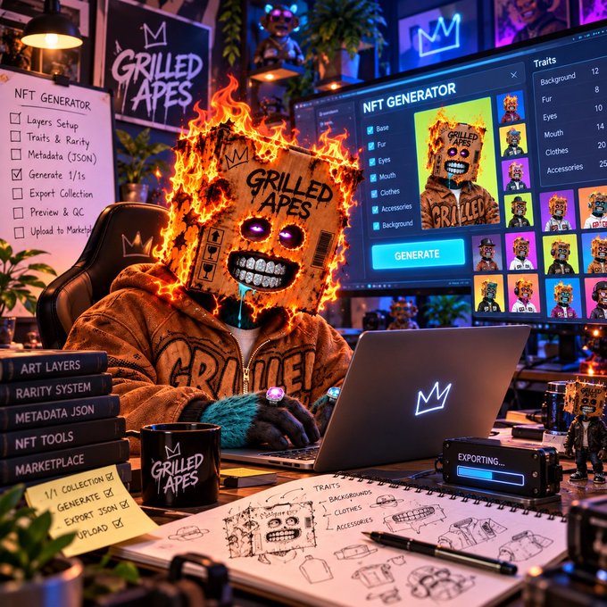 A stylized digital artwork of a flaming cardboard-box-headed figure wearing a 'GRILLED APES' hoodie, working on a laptop displaying an 'NFT GENERATOR' interface with various character traits.