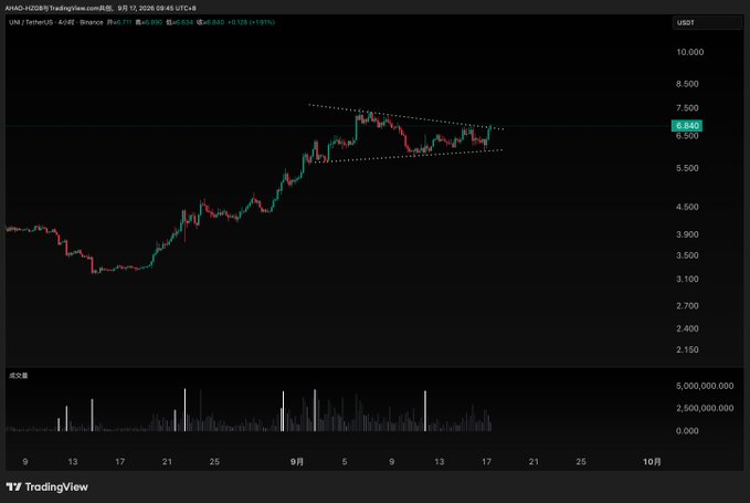 A TradingView candlestick chart showing UNI/TetherUS (UNIUSDT) on Binance, priced around 6.645 USDT, with a symmetrical triangle pattern drawn in the recent price action.