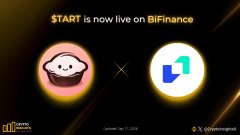 A promotional graphic announcing 'START is now live on BiFinance' with two cartoon logos side by side, featuring TON and BiFinance branding with partnership credits at the bottom.