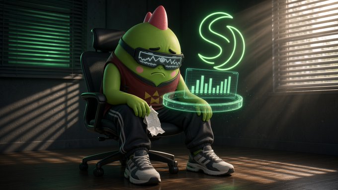 A 3D-rendered green dinosaur-like character wearing pixelated sunglasses sits in an office chair holding a receipt, accompanied by a holographic green chart and logo.