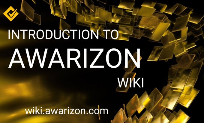 A promotional banner with a black background and gold geometric fragments features the text "INTRODUCTION TO AWARIZON WIKI" alongside the URL "wiki.awarizon.com," announcing the launch of Awarizon's official knowledge base for learning about the Awarizon Blockchain.
