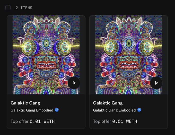 OpenSea listing page showing two 'Galaktic Gang Embodied' NFT items, each with a top offer of 0.01 WETH.