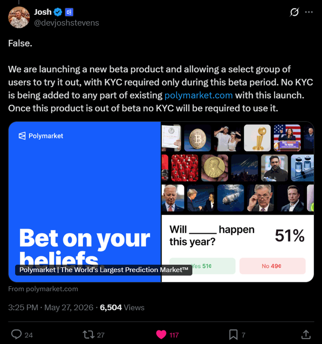 In the image, there are two posts that discuss PolyMarket's recent update about KYC requirements for their beta release. The first post appears to be fake and is promoting a false statement, implying that the news article was actually generated by someone else or an automated script. On the other hand, the second post provides accurate information about the beta launch, stating that Polymarket traders need to complete KYC during this period and is only being requested from a selected group of users who are partaking in the beta product. It also mentions that this KYC process will be completed within a limited number of hours or days based on the beta launch phase.