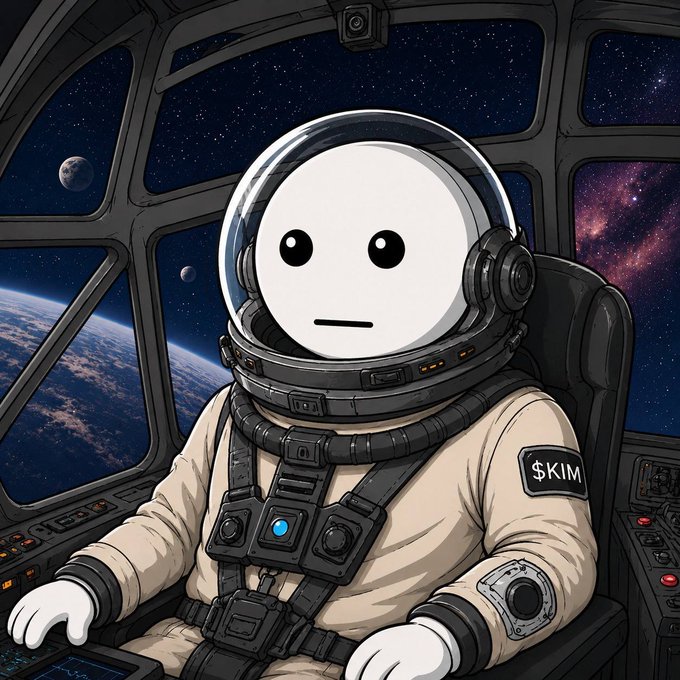 A cartoon astronaut with a "$KIM" name patch sits in a spaceship cockpit overlooking Earth and a starry galaxy, mirroring the post's vibe of $KIM being "closer than it looks" to a new all-time high while the broader market remains indifferent.