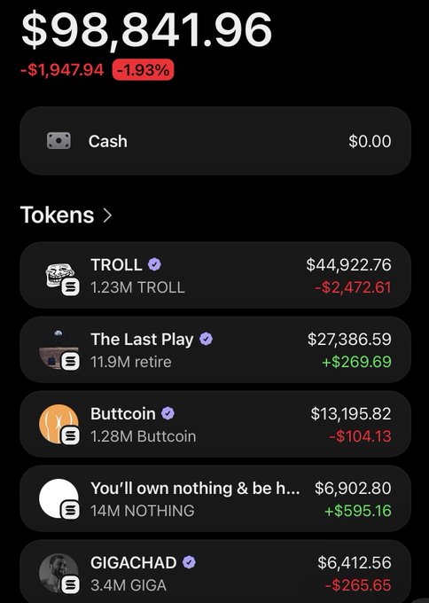 The image shows a crypto wallet portfolio totaling $98,841.96, down $1,947.94 (-1.93%), with holdings in meme tokens including TROLL ($44,922.76), The Last Play ($27,386.59), Buttcoin ($13,195.82), NOTHING ($6,902.80), and GIGACHAD ($6,412.56). The post highlights this portfolio as evidence that a "DCA wallet" strategy will be valuable for incoming new traders who lack time for active trading due to life obligations.