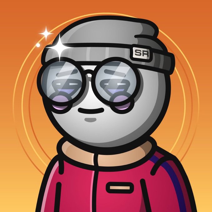 A cartoon character wearing round glasses, a beanie with 'SR' text, and a pink/red jacket is depicted against an orange background with sparkle effects.