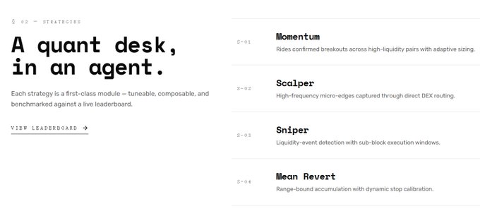 A webpage section titled 'A quant desk, in an agent' listing strategies: S-01 Momentum, S-02 Scalper, S-03 Sniper, and S-04 Mean Revert.