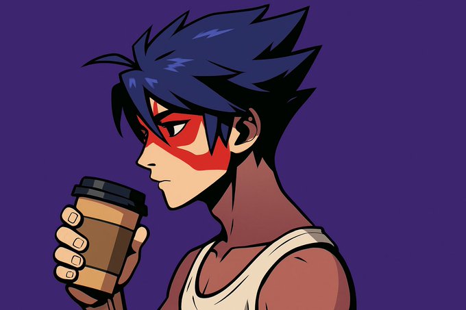 The image features a cartoon character with blue hair, wearing a white tank top and holding a coffee cup. The character appears to be drinking from the cup while looking down at it. The caption of the image reads "GM to the people who never quit Must Check your Kaito Card: s.kaito.ai/kA6FJco". This suggests that the image is related to a post on social media, possibly featuring a character or an illustration from a cartoon series.