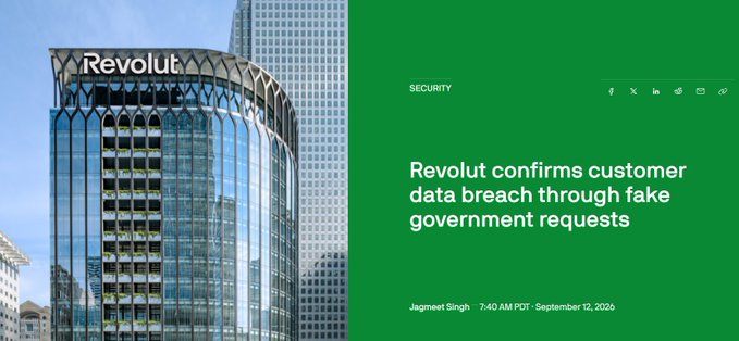 A news headline showing the Revolut office building with the article 'Revolut confirms customer data breach through fake government requests' by Jagmeet Singh.