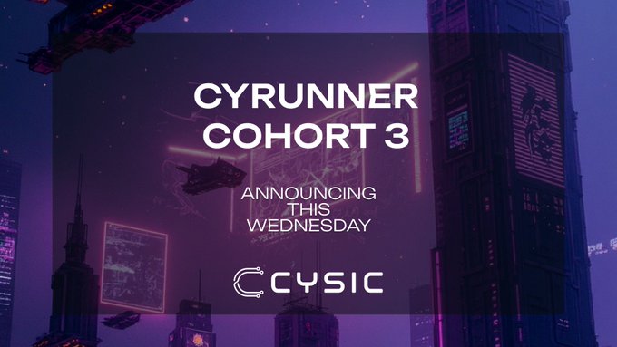 The image is a promotional graphic with a cyberpunk-style cityscape background in purple and pink hues, announcing "CYRUNNER COHORT 3" with the text "ANNOUNCING THIS WEDNESDAY" and the "CYSIC" logo. It visually supports the post's announcement about revealing the newest CyRunner cohort members this Wednesday to drive the Cysic ecosystem forward.