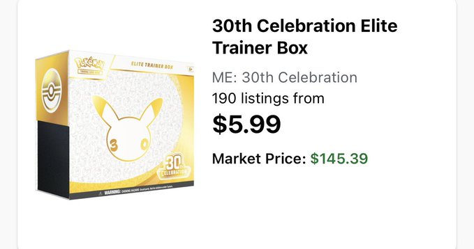 A Pokémon 30th Celebration Elite Trainer Box listed at a suspicious $5.99 (well below its $145.39 market price) appears to be part of a coordinated effort to artificially crash market values with multiple lowball $45 sales.