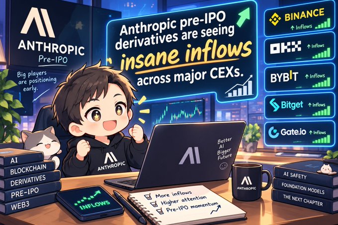 An illustrated graphic shows an excited chibi character with a cat in front of a laptop, with a speech bubble reading 'Anthropic pre-IPO derivatives are seeing insane inflows across major CEXs.' Logos for Binance, OKX, BYBIT, Bitget, and Gate.io are displayed alongside bar charts indicating inflows.