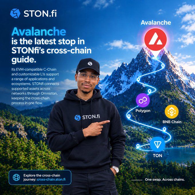 A STON.fi promotional image featuring a man in a black hoodie pointing at a mountain peak labeled 'Avalanche,' with a glowing path connecting to Polygon, BNB Chain, and TON logos, captioned 'Avalanche is the latest stop in STONfi's cross-chain guide.'