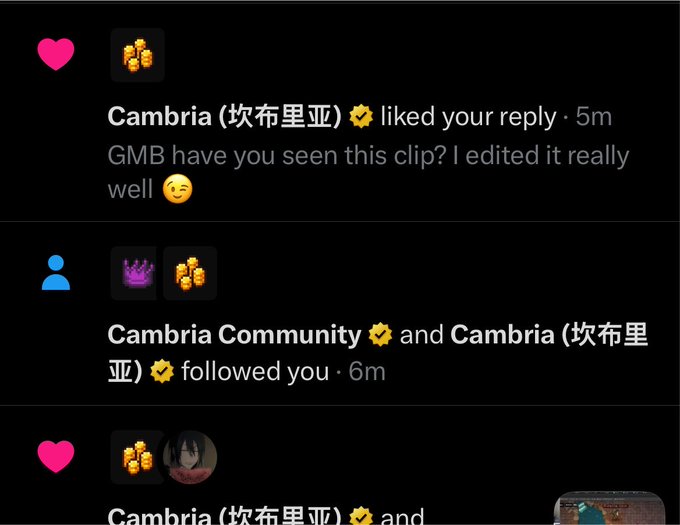 A screenshot of social media notifications on a dark background showing interactions from 'Cambria (坎布里亚) ✔' and 'Cambria Community ✔', including likes and follows.