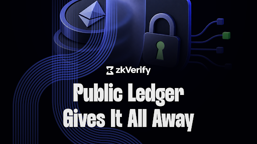 The image is a dark blue digital graphic featuring an Ethereum logo, a padlock, and circuit-like lines, with the text "zkVerify" and "Public Ledger Gives It All Away." It visually reinforces the post's message about public blockchain transparency exposing DeFi orders to front-running bots, while promoting $VFY as a solution that verifies positions onchain without exposing sensitive information.